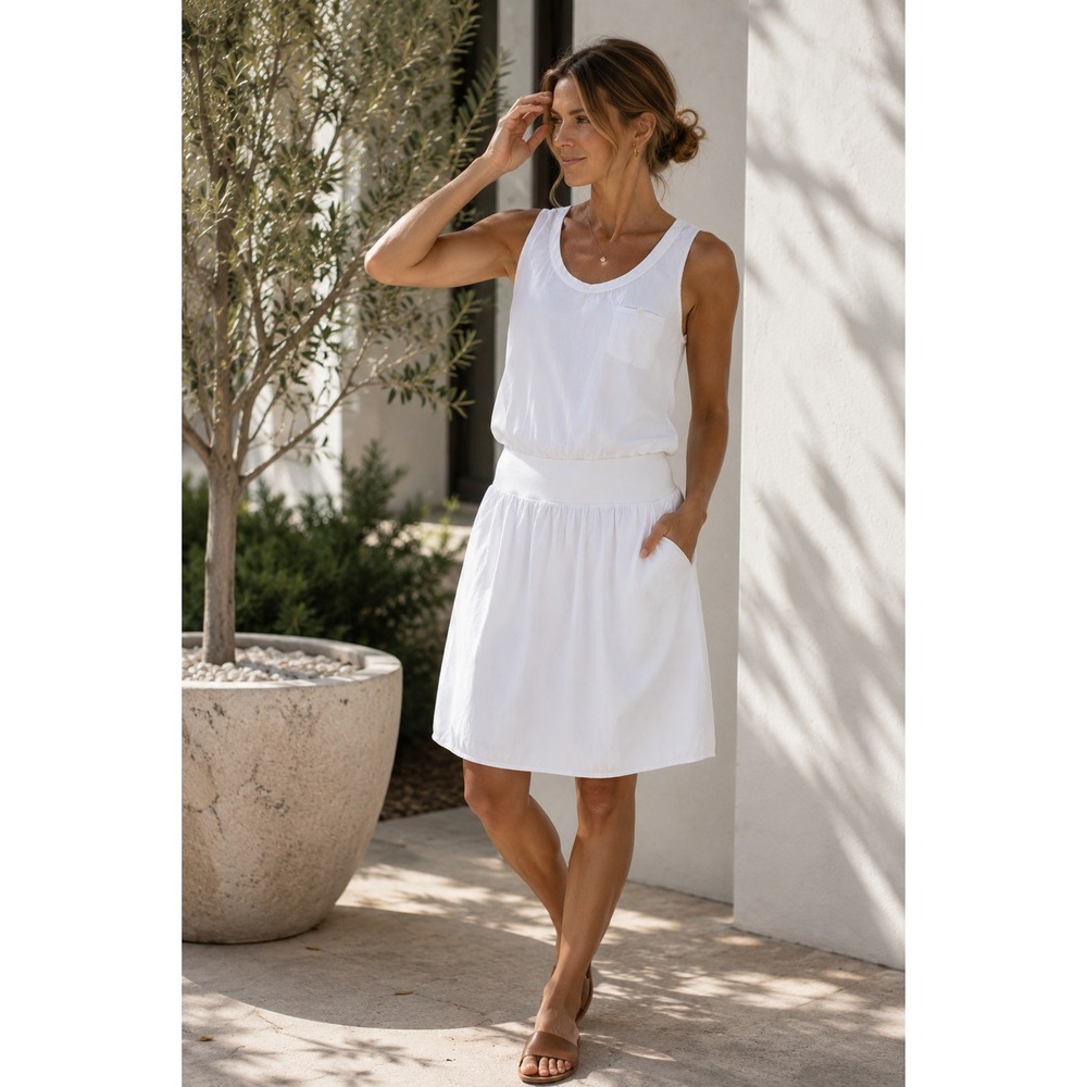 NWT James Perse Standard Cotton Sleeveless Dress White USA Pocket S LIGHT POPLIN